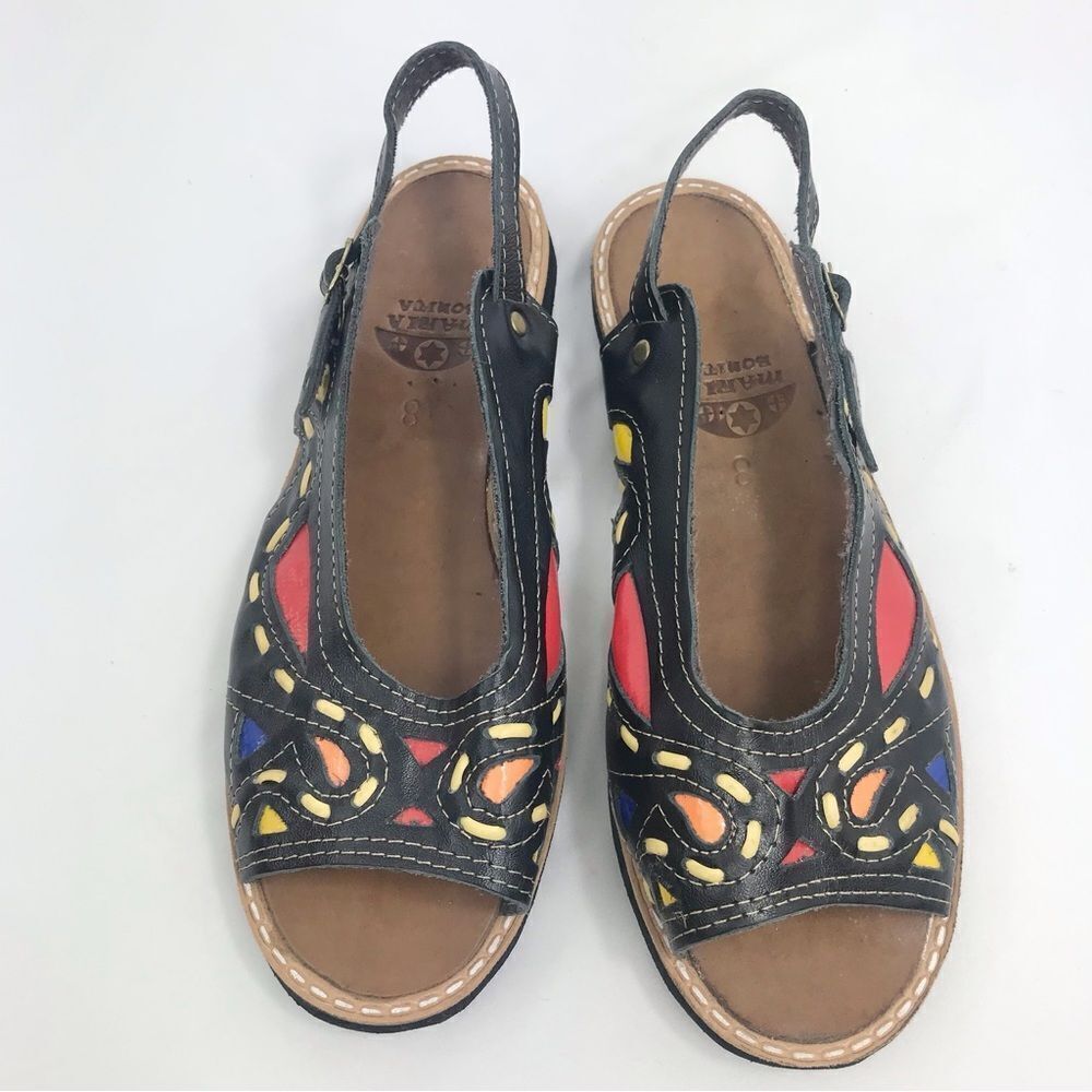 Maria Bonita Black Leather Colorful Stitch Inlay Slingback Open Toe Flat Sandals